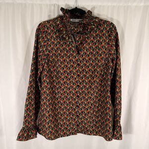 Zara Blouse Women's Medium Brown Floral Long Sleeve High Neck Lightweight